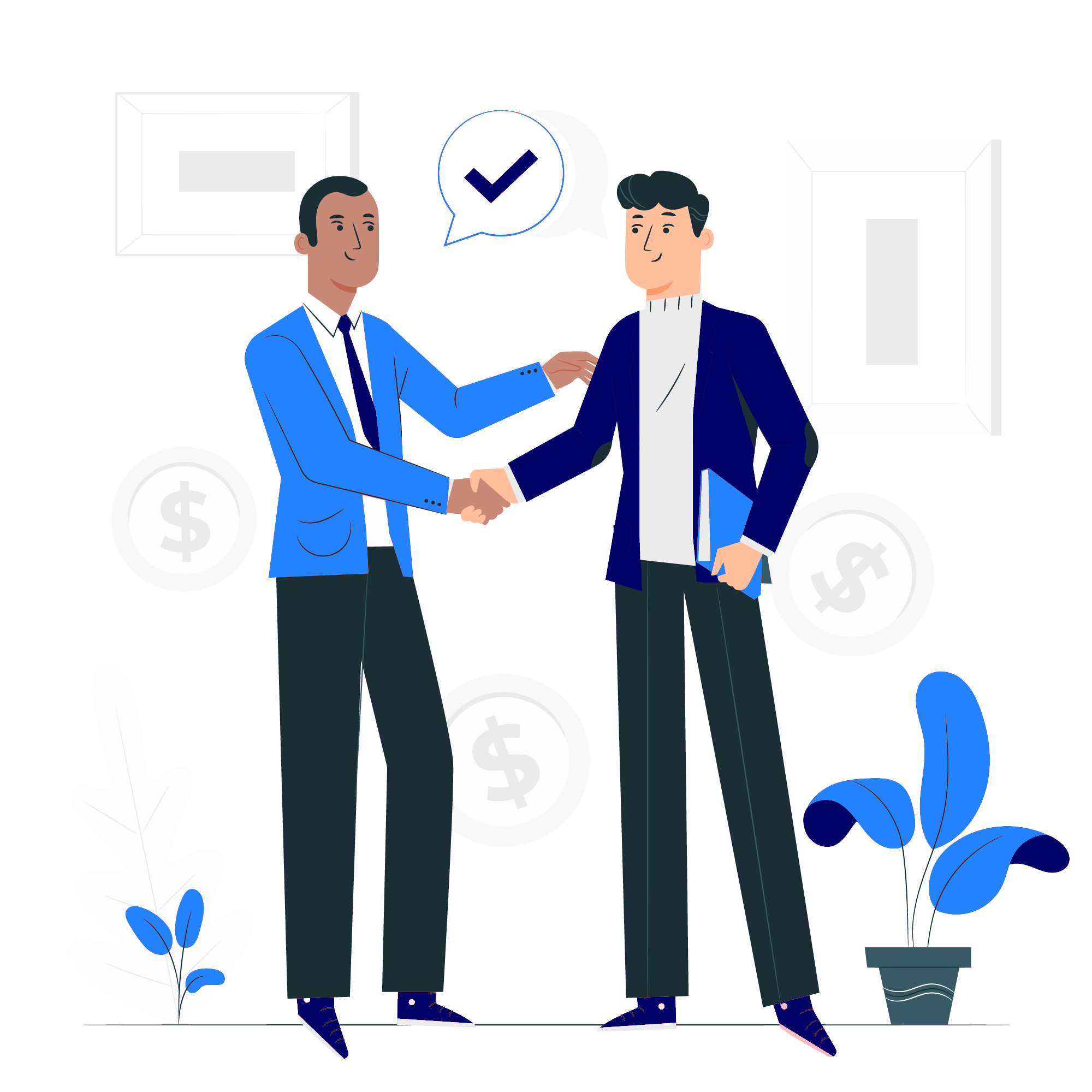 Two men shake hands in front of a picture of money.